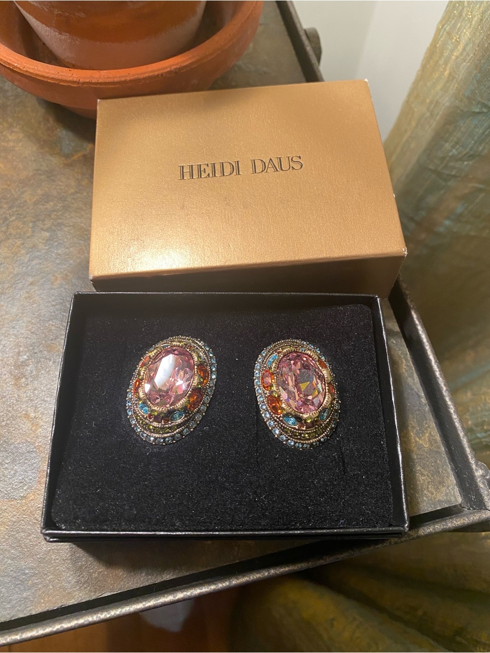 Heidi Daus Pink and Multicolor Crystal Oval Statement Clip on Earrings
